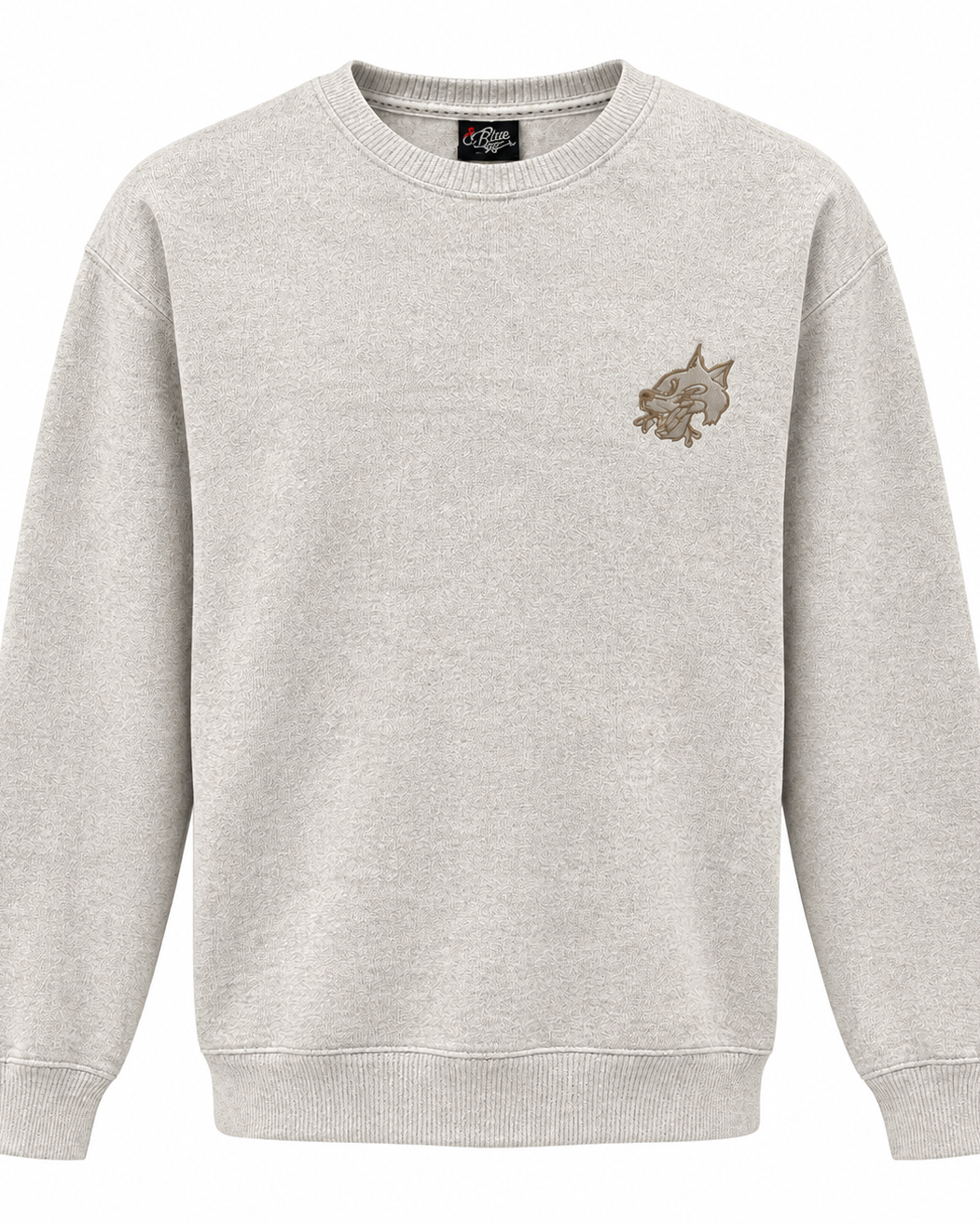 A light heather gray crewneck sweatshirt with a small embroidered wolf graphic on the left chest, displayed on a clean white background.